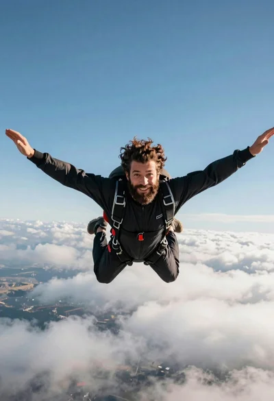 Bearded man with curly hair skydiving in freefall against blue sky