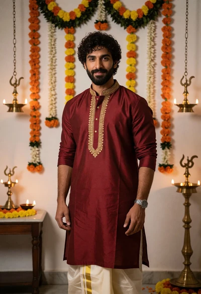 Portrait of man in maroon kurta standing amidst marigold decorations indoors