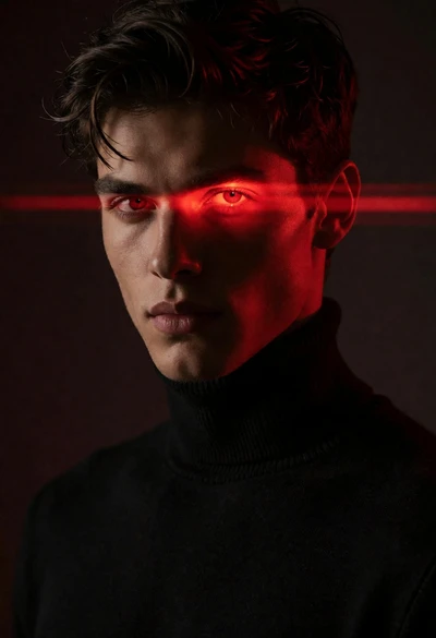 Close up portrait of young man with glowing red eyes and laser