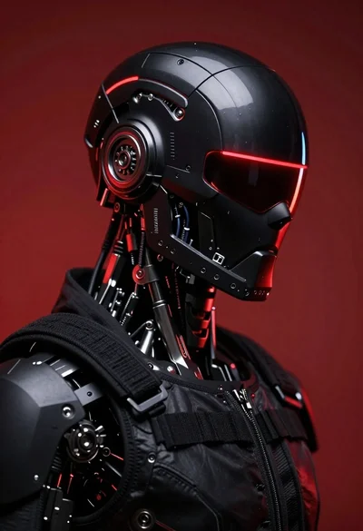 Close up portrait of a black humanoid robot head