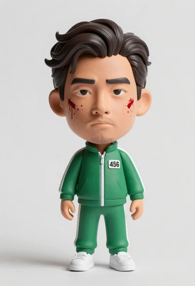 Hyper realistic 3d bobblehead figure of asian man in green tracksuit with