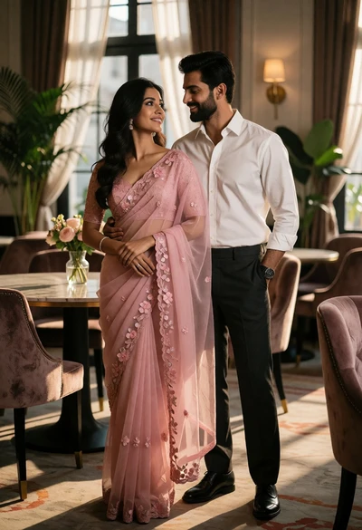 Romantic portrait of couple in elegant indoor lounge setting with soft light