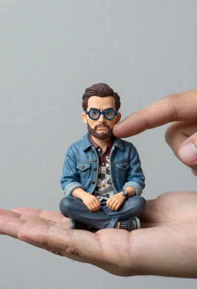 Macro photograph of miniature man seated in palm hand