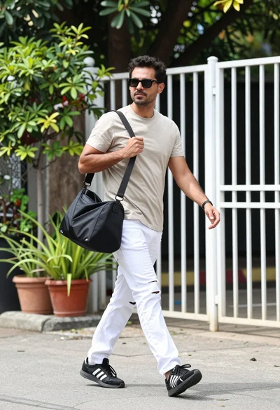 Man walking confidently outdoors wearing beige tshirt and ripped white jeans