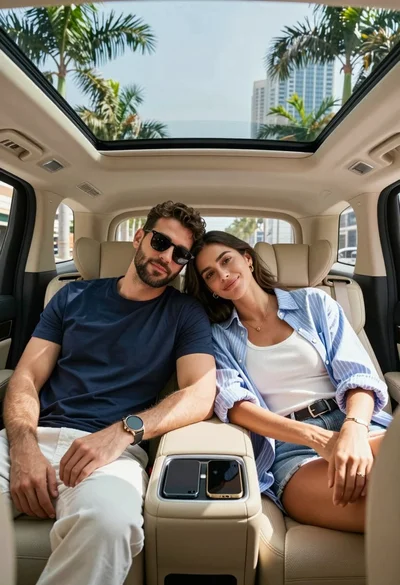 Couple sitting in luxury car looking at skyscrapers through sunroof