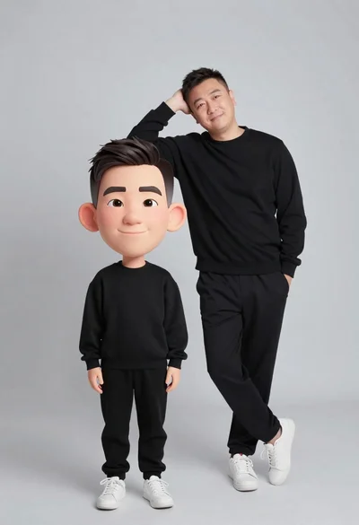 Large headed cartoon caricature standing in front of real life man in