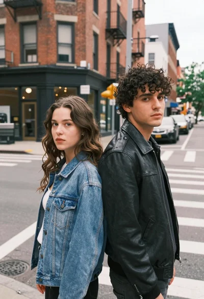 Two young adults standing back to back on a city street corner
