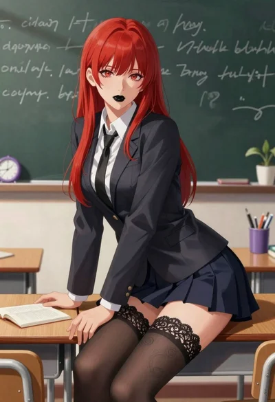Anime woman in blazer sitting at wooden classroom desk