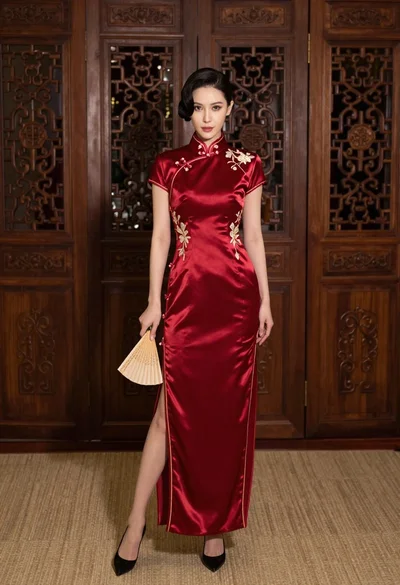 Woman in deep red satin cheongsam standing indoors holding paper fan