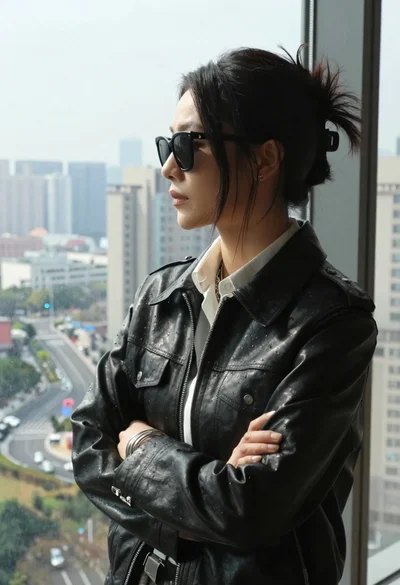 Stylish woman in black leather jacket viewing hazy cityscape from window