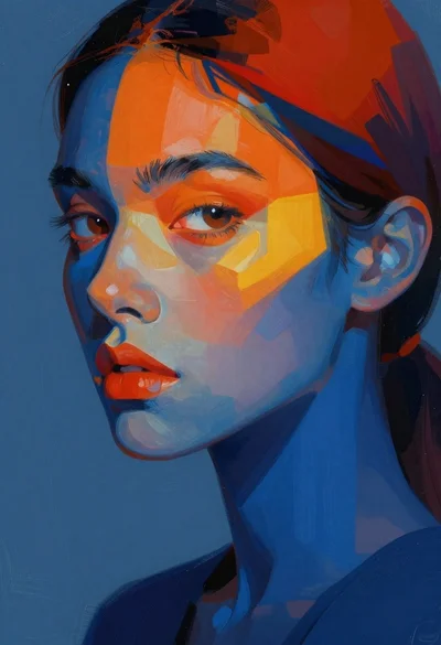 Digital portrait of woman with blue and orange color blocking
