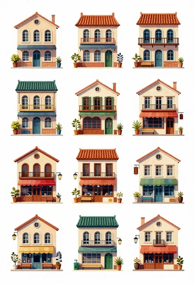 Grid of twelve charming illustrated storefront designs