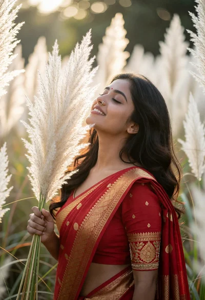 Young woman in red sari holding white pampas grass in a sunny