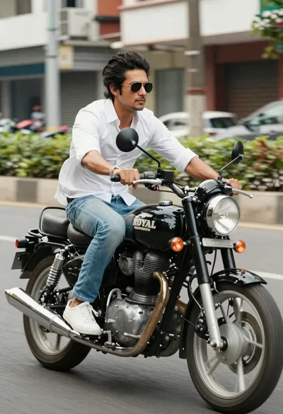 Man with dark hair and sunglasses riding black motorcycle on city street