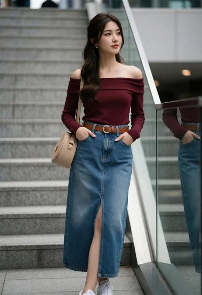 Young woman in maroon top and blue denim skirt by modern glass