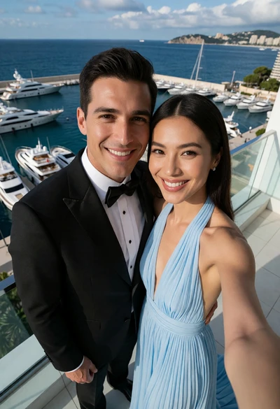 Couple taking a high angle selfie on balcony overlooking blue marina