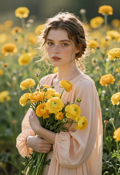 Fair skinned woman with freckles holding yellow flowers in sunlit meadow