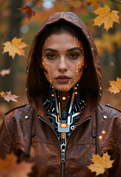 Cyborg woman in hoodie amidst floating autumn leaves