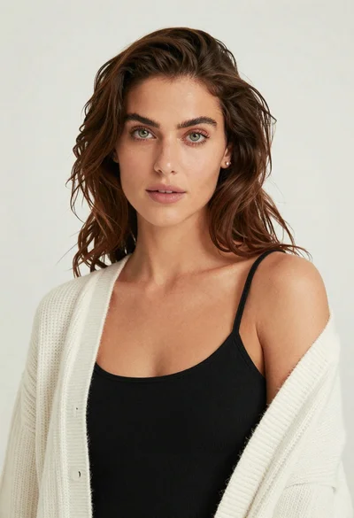 Studio portrait of woman with brown hair and green eyes