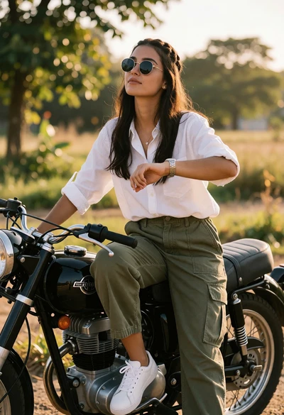 Young woman with dark hair on vintage motorcycle during golden hour outdoor