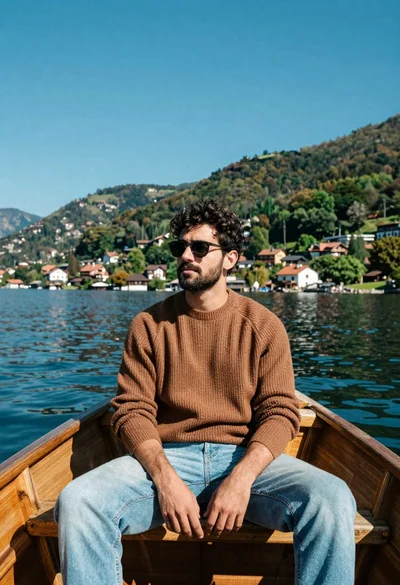 Young man in brown sweater sits in wooden boat on lake with