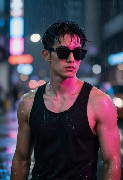 Muscular man in black tank top under neon rain