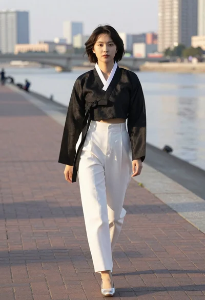 Young woman in hanbok style walking by riverside path