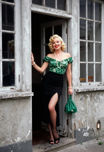 Blonde woman in green blouse stands by weathered doorway with vintage feel