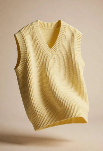 Pale yellow knitted vest floating against soft beige seamless studio background