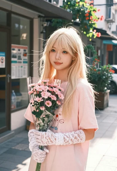Young woman with platinum blonde hair holding pink flowers on a sundrenched