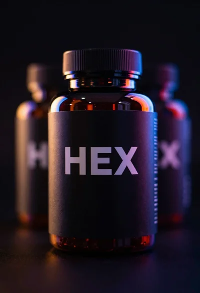 Black supplement bottle with chromatic aberration in void