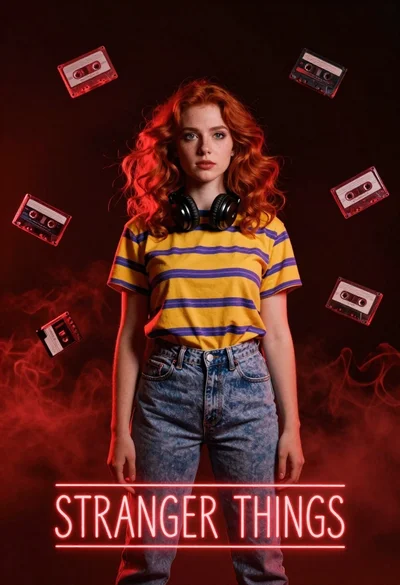Young woman with red hair and headphones in smoky red light