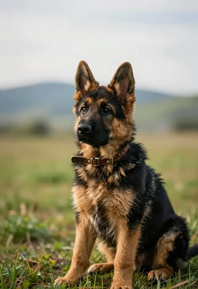 Fluffy german shepherd puppy sitting in grassy field with rolling hills background