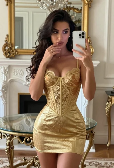 Woman taking a mirror selfie in an opulent room with gold lace