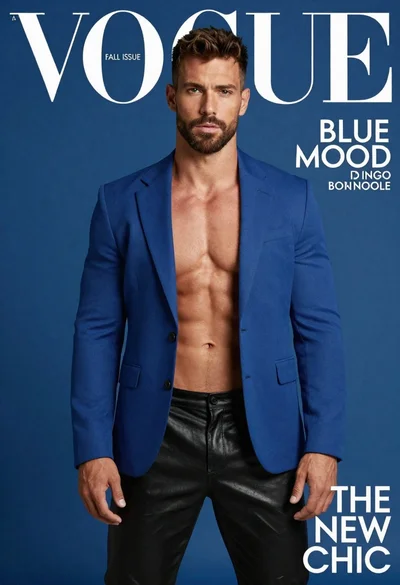 Muscular man in blue blazer on solid deep blue background