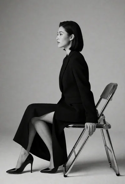 Woman in black tailored suit sitting sideways profile against grey studio backdrop