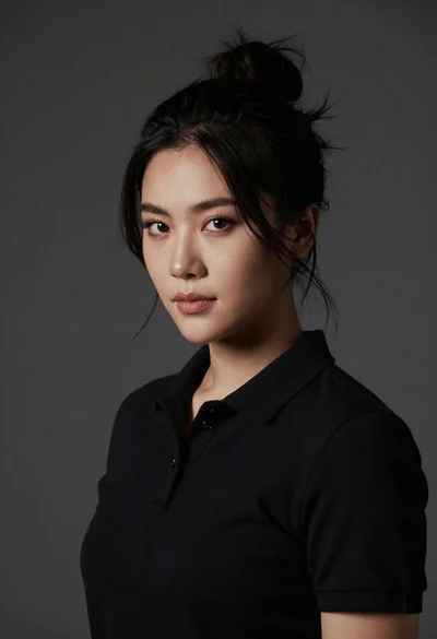Studio portrait of woman with messy bun and black polo