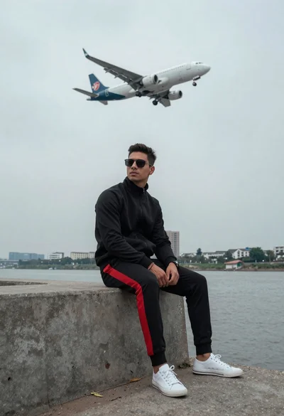 Man on ledge with airplane flying overhead by water