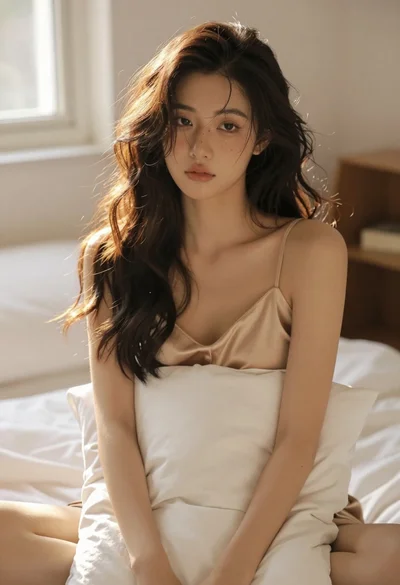 Young woman with dark wavy hair sitting in sunlit bedroom holding white