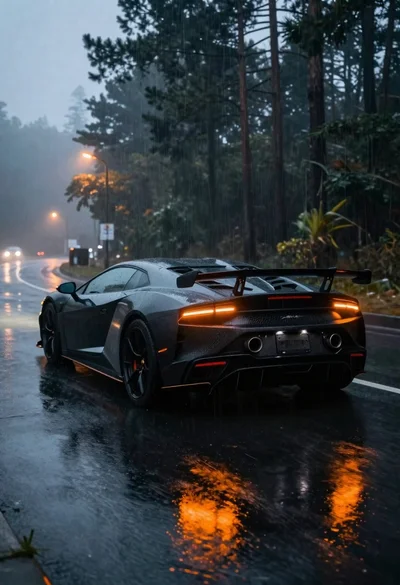 Black sports car on wet asphalt road in misty forest