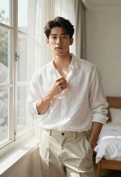 Handsome young asian man in white linen shirt by bright bedroom window