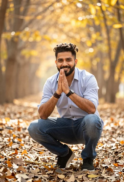 Man crouching in sunlit forest clearing with golden foliage background