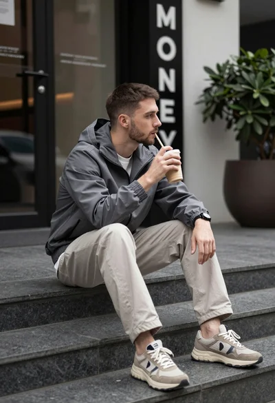 Young man sitting on dark stone steps in urban setting holding drink