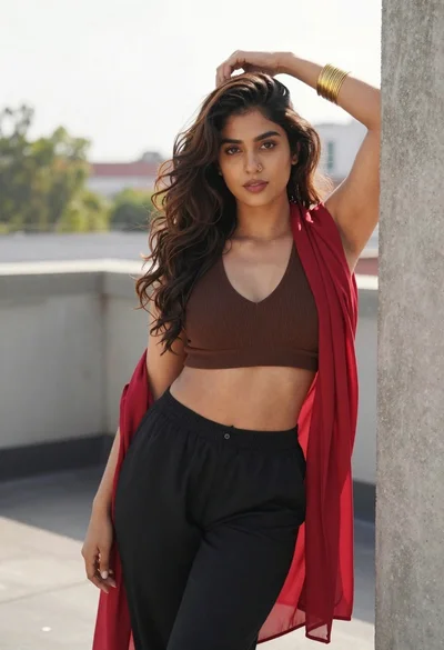 Young woman in brown crop top on rooftop terrace with red scarf