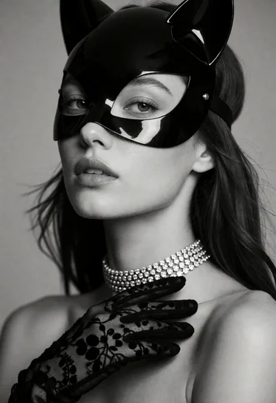 Black and white studio portrait of woman with cat mask and diamond