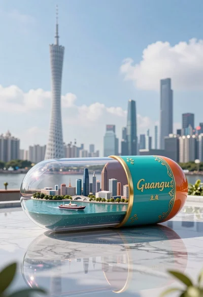 Glossy futuristic capsule diorama containing miniature cityscape on marble