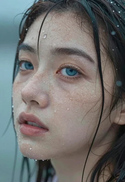 Close up portrait of wet woman with blue eyes