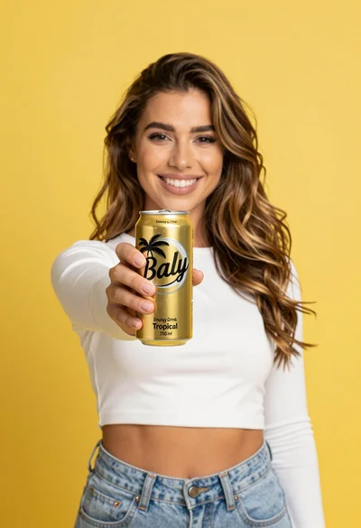 Smiling woman holding golden energy drink can against solid yellow background