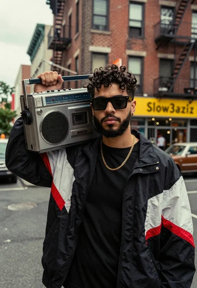 Young man with dark curly hair holding silver boombox on urban street
