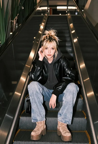 Young blonde woman in leather jacket sitting on an escalator steps indoors